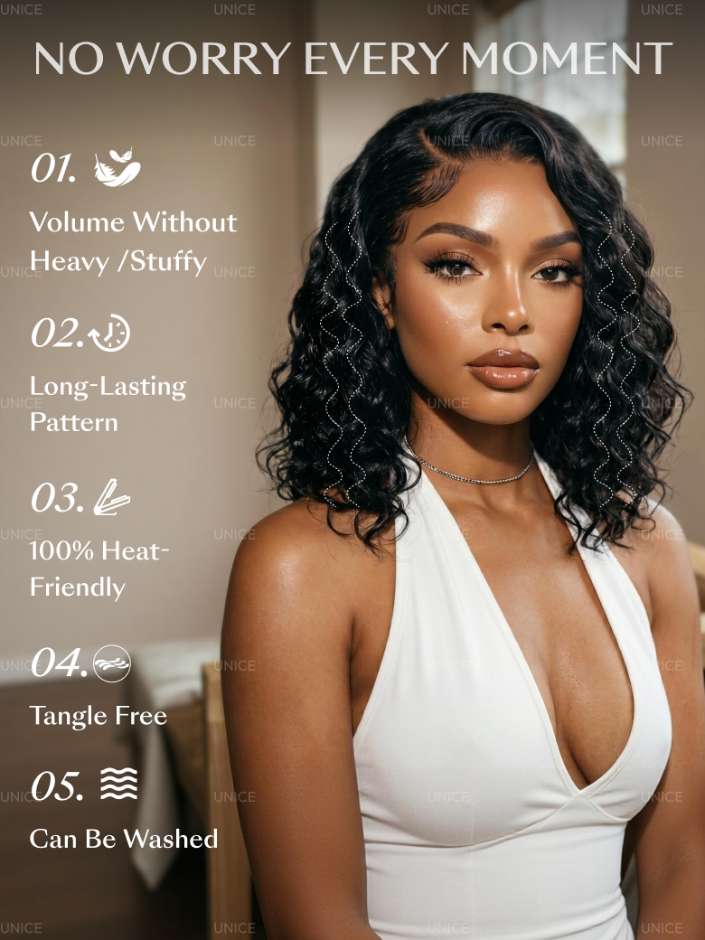 A model displays the UNice Allofdestiny Same UNice Bye Bye Slip 6x4 Glueless Lace "C" Side Part Loose wig, showing a model with curly hair and a white dress and 6x4.
