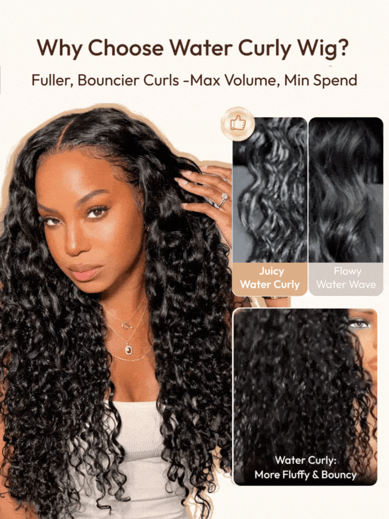 The UNice New In 13x4 Pre-Everything Lace Frontal & 7X5 Lace Natural Black Bouncy Water visual image position 8 shows a model with long curly hair and a white shirt |.