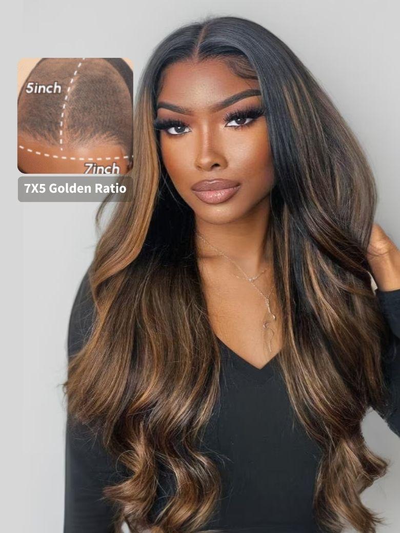 The UNice 7x5 Bye Bye Knots & 13x4 Pre-Everything Wig Glueless Lace Balayage Highlight visual image position 14 shows a model with long brown hair and a black top | body.