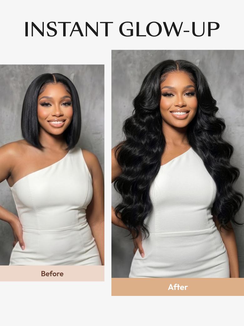 A model displays the UNice 13x4 HD Lace Bye Bye Slip Body Wave Wig - Human Hair Glueless Pull & Go Fit, showing instant hair extensions before and after and body wave.
