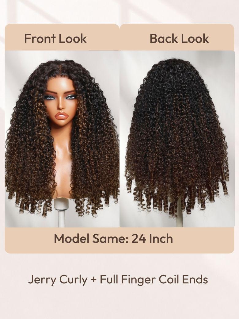 The UNice 7x5 Bye Bye Slip Glueless Lace Black to Chestnut Brown Ombre Burmese Curly wig image highlights Defined Curls, Undeniable Ease, Full Finger Coil Ends.