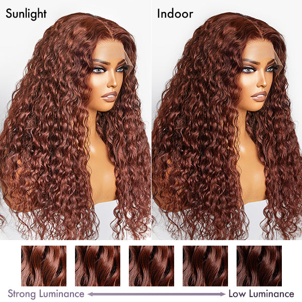 OUTLET | Casual Reddish Brown Curly 5x5 Closure Lace Glueless Mid Part Long Curly Wig 100% Human Hair