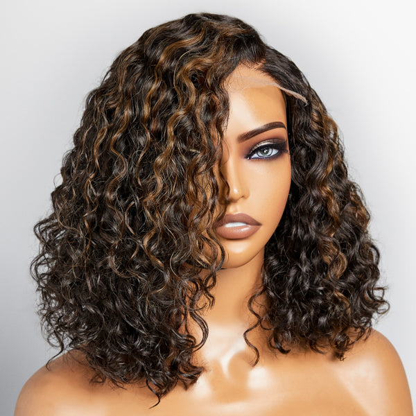 Flash Sale | Casual Blonde Highlights Curly Minimalist HD Lace Glueless C Part Short Wig 100% Human Hair