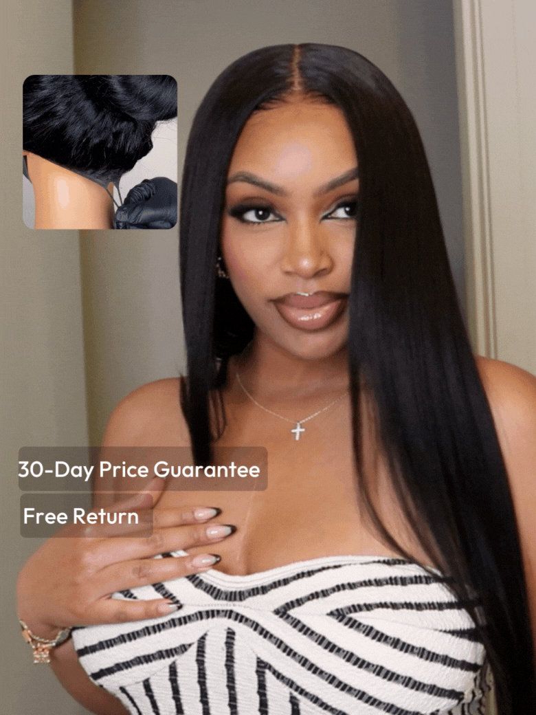 A model displays the UNice Black Yaki Straight 7x5 Glueless Lace Bye Bye Knots Wig With Baby Hair, showing a model with long black hair and a white shirt and straight.
