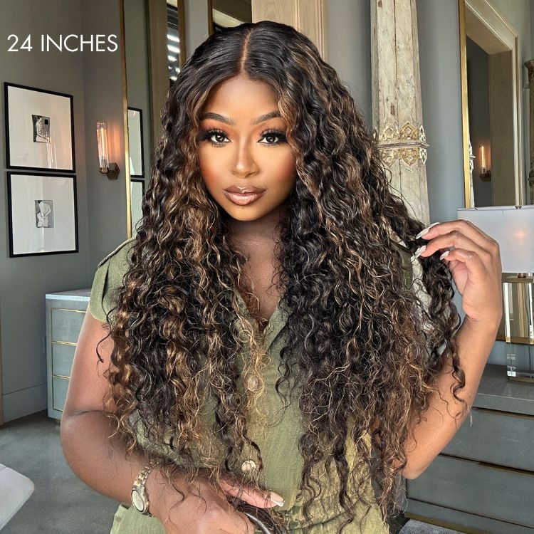 OUTLET | Brown Highlights Funmi Curly Glueless 5x5 Closure Lace Wig Beginner Friendly