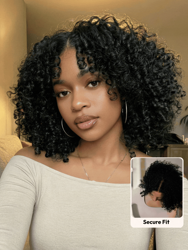 A model displays the UNice EasiContour V Part Afro Kinky Curly with Finger Coil Ends Drawstring Wig, showing a model with curly hair is shown in a mirror and kinky curly.