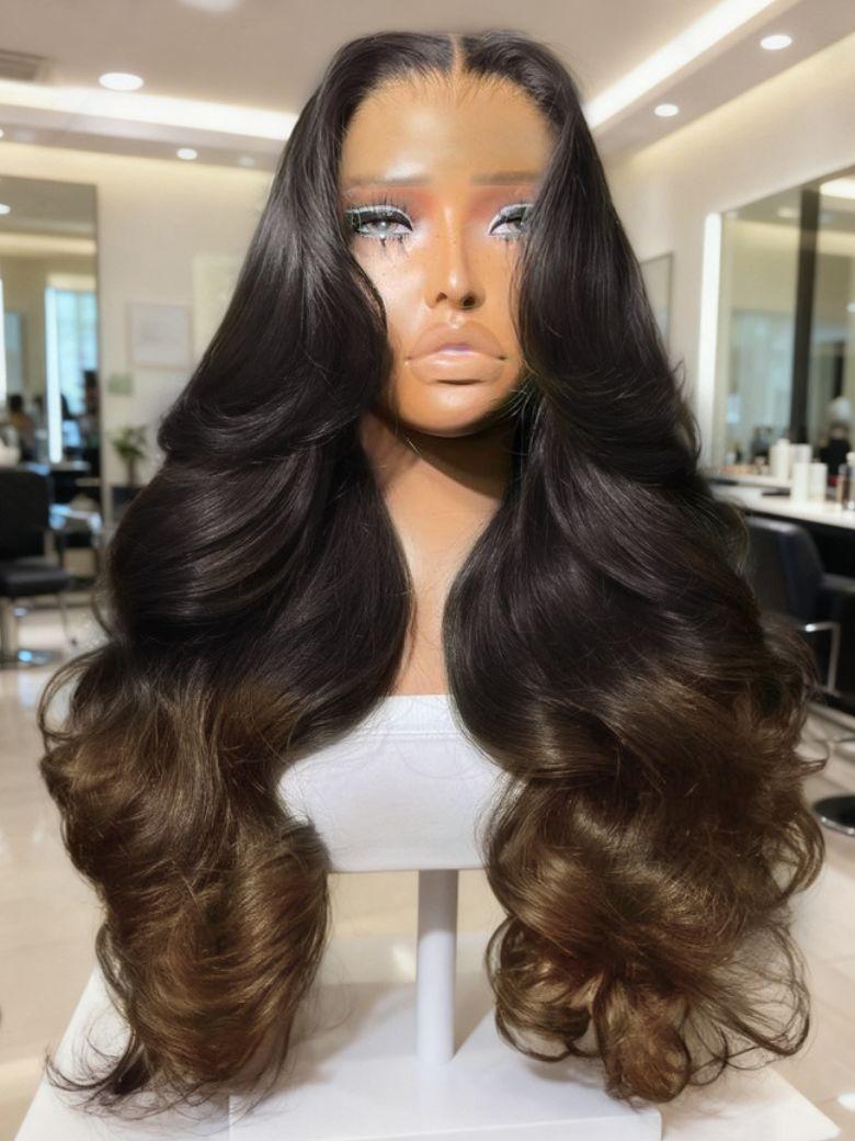 The UNice Real Glueless 13x4 Pre-Everything Lace Frontal Chestnut Brown Ombre highlights hairline close-up showing invisible lace and natural parting.