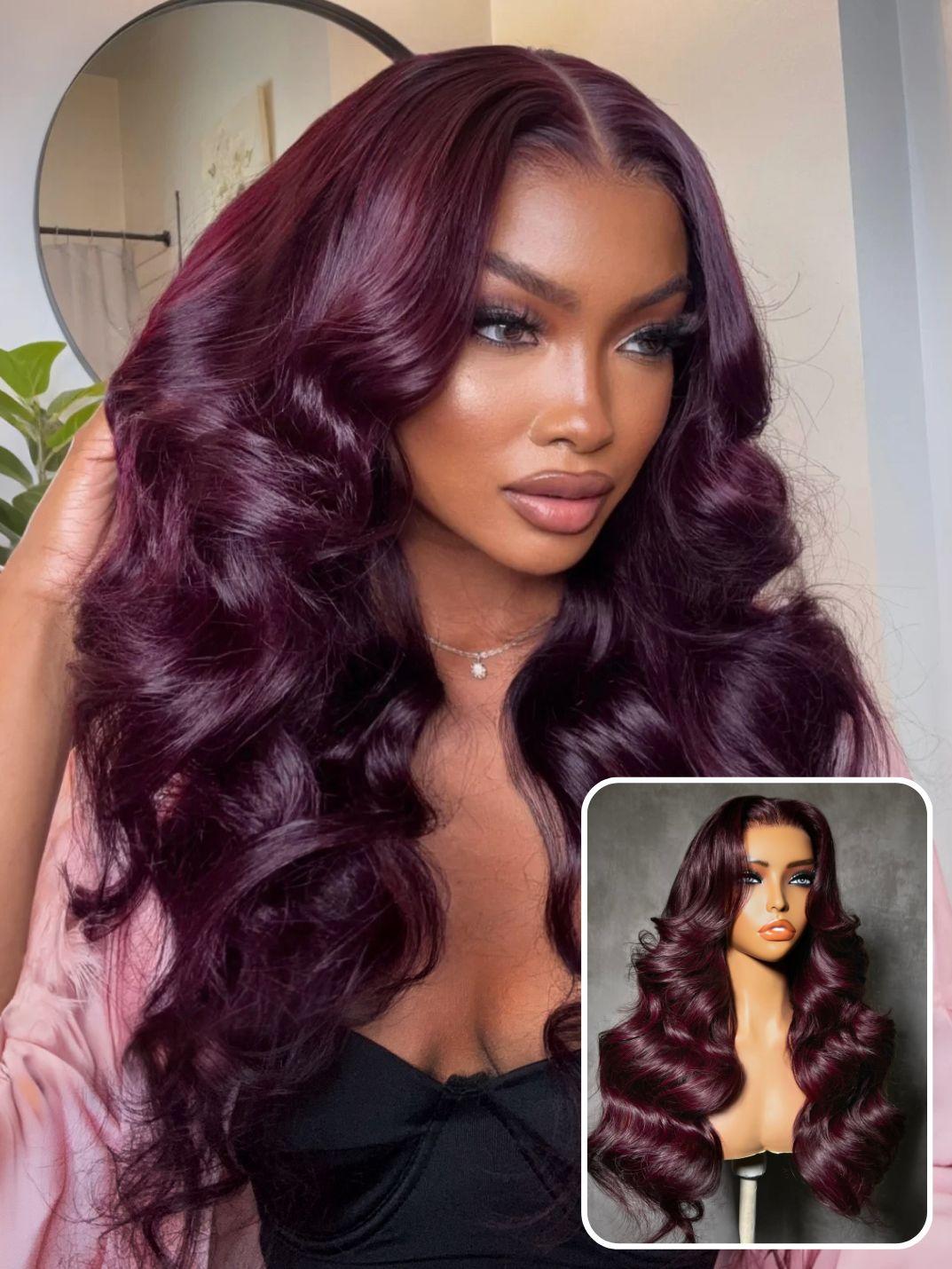 A model displays the UNice 7x5 & 13x4 Bye Bye Slip Glueless Lace Purple Black Cherry Loose Wave & Layered, showing a model with long dark purple hair and a black top.