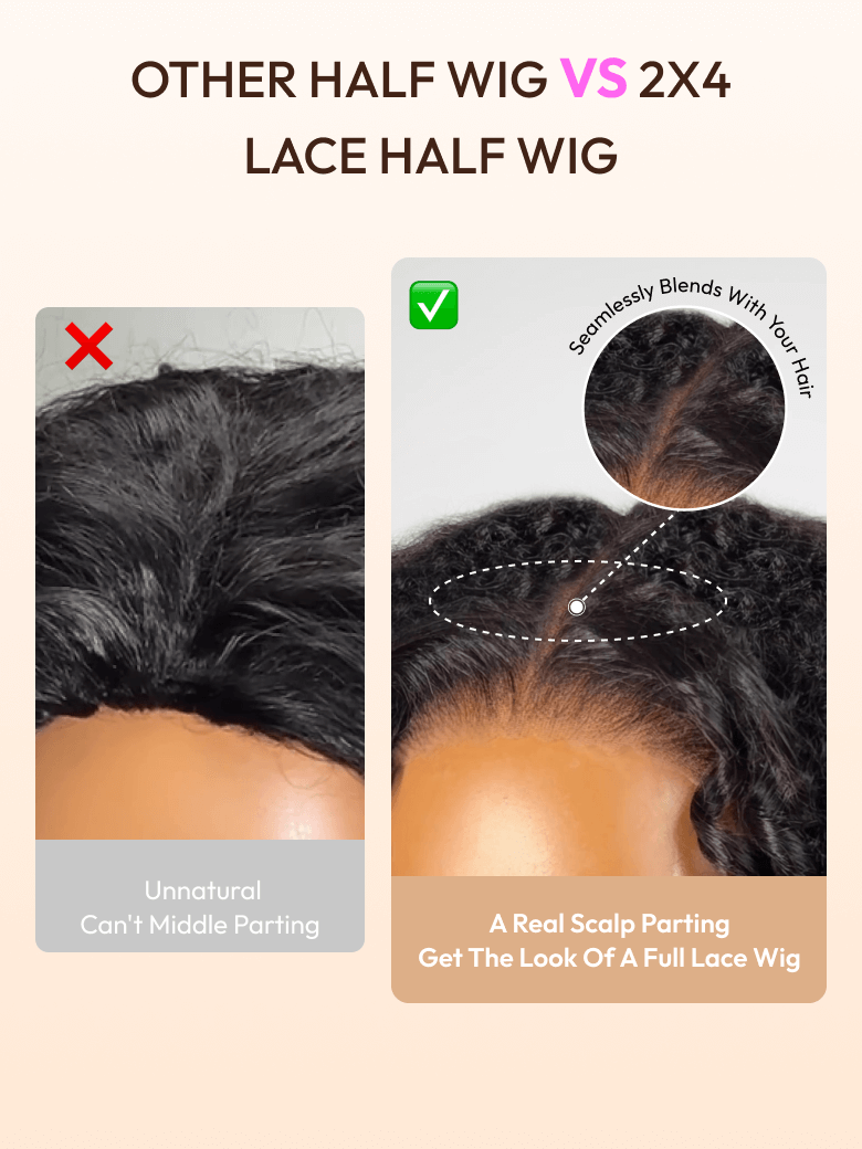 The UNice Limited Time UNice Maxreal Half Wig 2x4 Lace Part Black Kinky Curly Wig image highlights OTHERHALFWIGVS2X4, LACEHALFWIG, Unnatural, Can't Middle Parting.