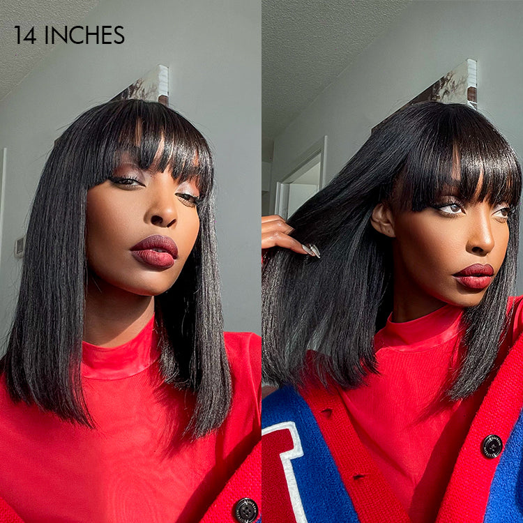Worth | Put On and Go Realistic Glueless Yaki Straight Bob with Bangs Minimalist Lace Wig 100% Human Hair