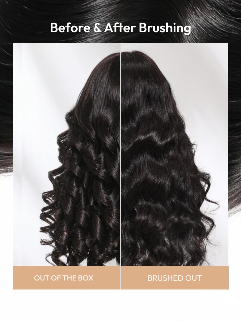 The UNice 7x5 & 13x4 Bye Bye Slip Pull & Go Black Fluffy Loose Wave Wispy Bangs Glueless image highlights Before & After Brushing, OUTOFTHEBOX, BRUSHEDOUT, before.