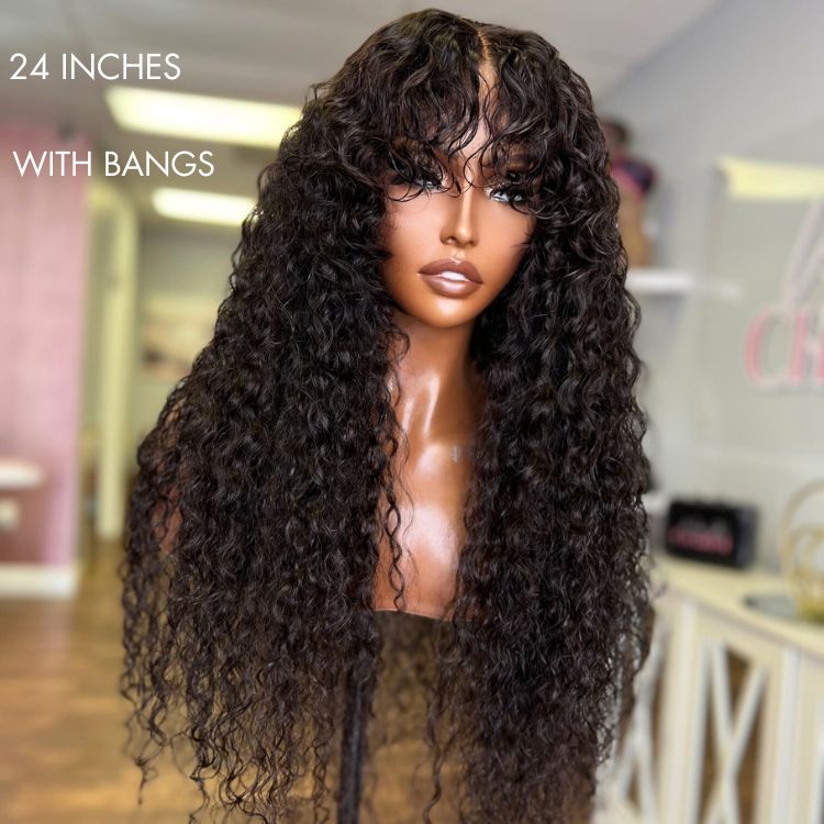 OUTLET | Deep Wave 4x4 Closure Lace Glueless Mid Part Long Curly Wig With Bangs 100% Human Hair