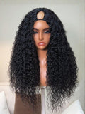 A model displays the UNice InvisiBlend V Part Curly Texture Drawstring Human Hair Wig With Finger Coil Ends, showing a model with long curly hair and brown shirt.