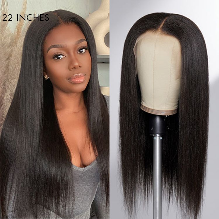 Outlet | Natural Hairline Yaki Straight Glueless 13x4 Frontal Lace Long Wig 100% Human Hair