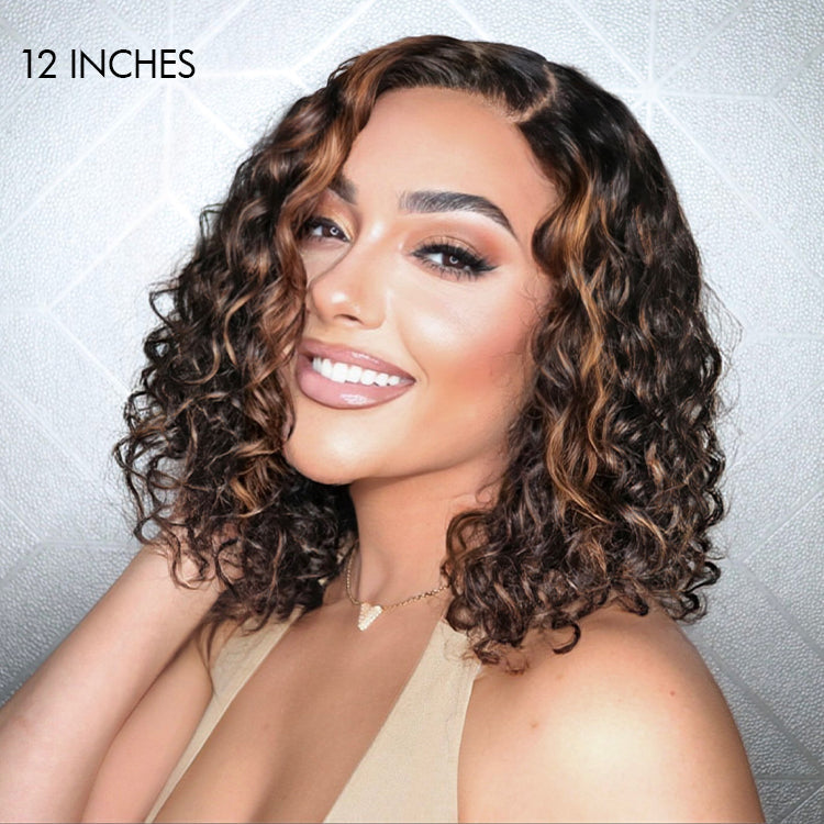 Flash Sale | Casual Blonde Highlights Curly Minimalist HD Lace Glueless C Part Short Wig 100% Human Hair