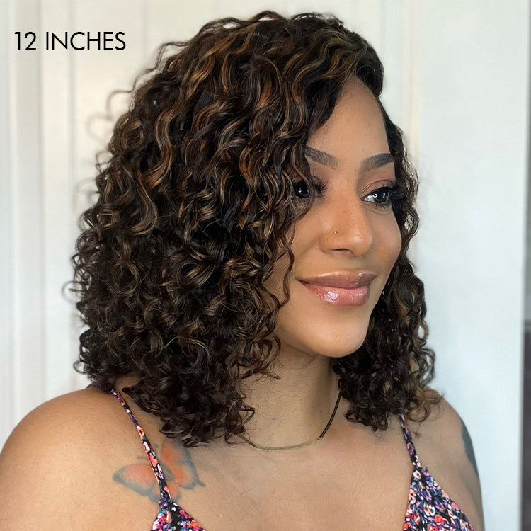 Flash Sale | Casual Blonde Highlights Curly Minimalist HD Lace Glueless C Part Short Wig 100% Human Hair