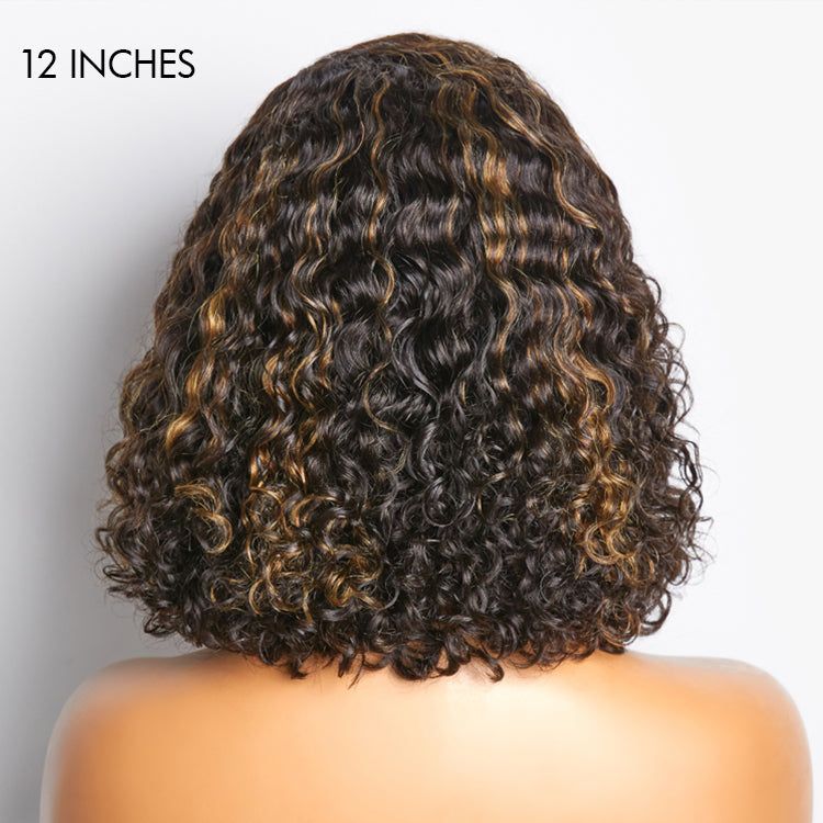 Flash Sale | Casual Blonde Highlights Curly Minimalist HD Lace Glueless C Part Short Wig 100% Human Hair