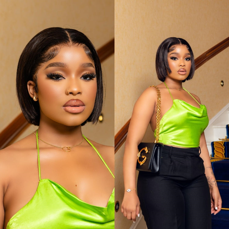 VolumeMAX™ 200% Density Super Double Drawn Natural Black Glueless Bob 8 inches Wig | PrePlucked+KnotsBleached