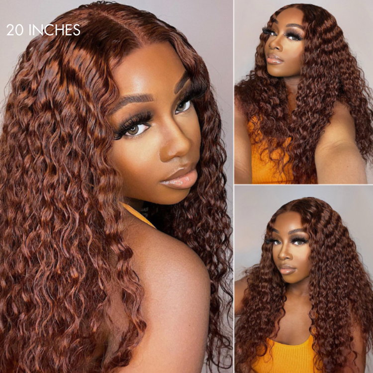 OUTLET | Casual Reddish Brown Curly 5x5 Closure Lace Glueless Mid Part Long Curly Wig 100% Human Hair