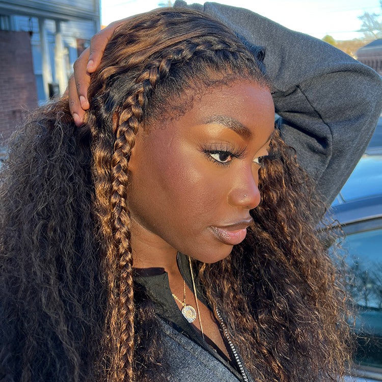 OUTLET I 4C Edges | Kinky Edges Ombre Brown Deep Wave Glueless 13x4 Frontal HD Lace Side Part Long Wig 100% Human Hair
