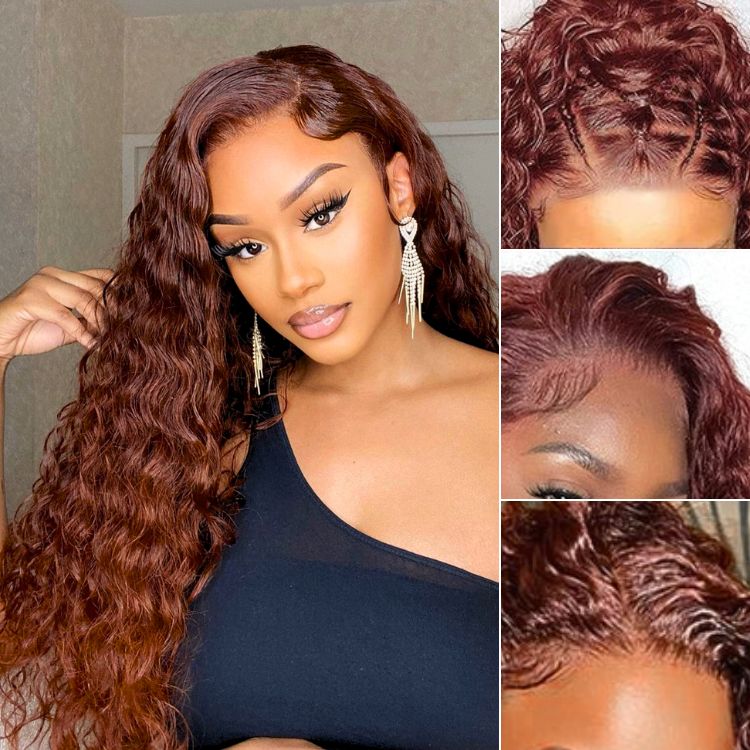 OUTLET | Casual Reddish Brown Curly 5x5 Closure Lace Glueless Mid Part Long Curly Wig 100% Human Hair