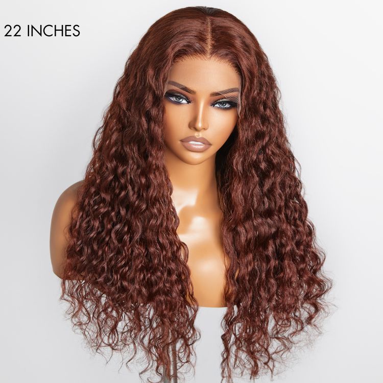 OUTLET | Casual Reddish Brown Curly 5x5 Closure Lace Glueless Mid Part Long Curly Wig 100% Human Hair