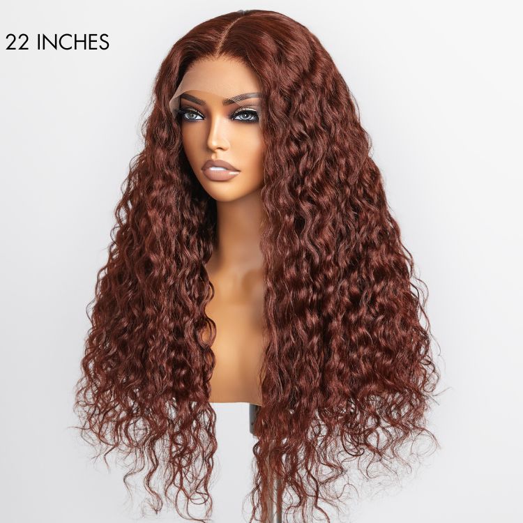 OUTLET | Casual Reddish Brown Curly 5x5 Closure Lace Glueless Mid Part Long Curly Wig 100% Human Hair