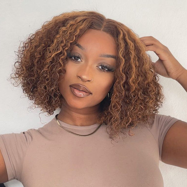 Worth | SouthKiss Hair Mix Color Brown Curly Bob Wig 13x4 Frontal Lace Short Wig 100% Human Hair