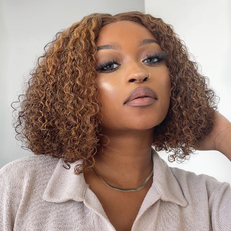 Worth | SouthKiss Hair Mix Color Brown Curly Bob Wig Glueless 13x4 Lace Front Short Wig 100% Human Hair