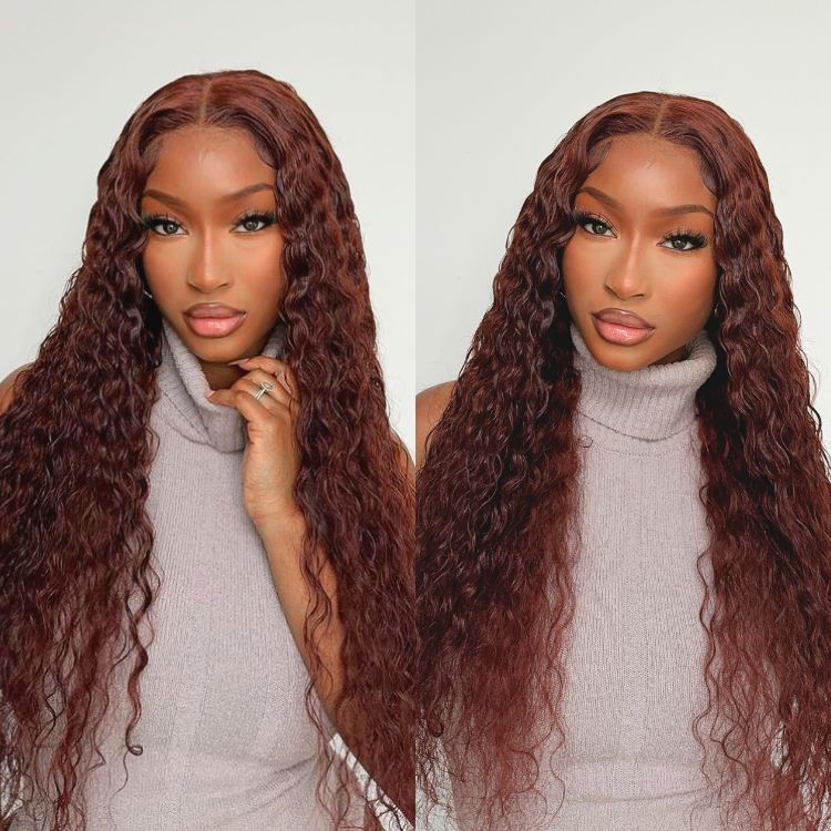 OUTLET | Casual Reddish Brown Curly 5x5 Closure Lace Glueless Mid Part Long Curly Wig 100% Human Hair