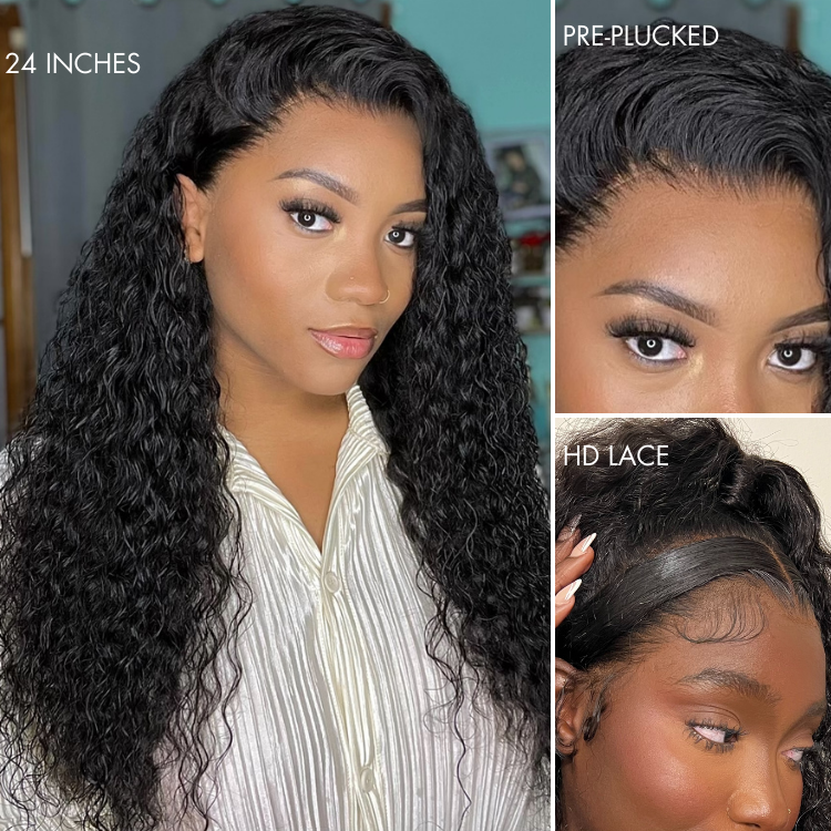 PreMax 180% / 250% Density | Water Wave 13x4 Glueless Frontal HD Lace Regular Cap & Regular Lace Drawstring Cap Free Part Long Curly Wig 100% Human Hair