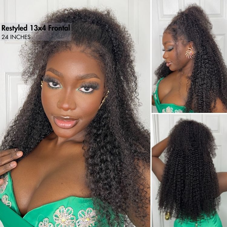 outlet | 4C Edges | Realistic Kinky Edges Afro Curly 13x4 Frontal Lace Long Wig 100% Human Hair