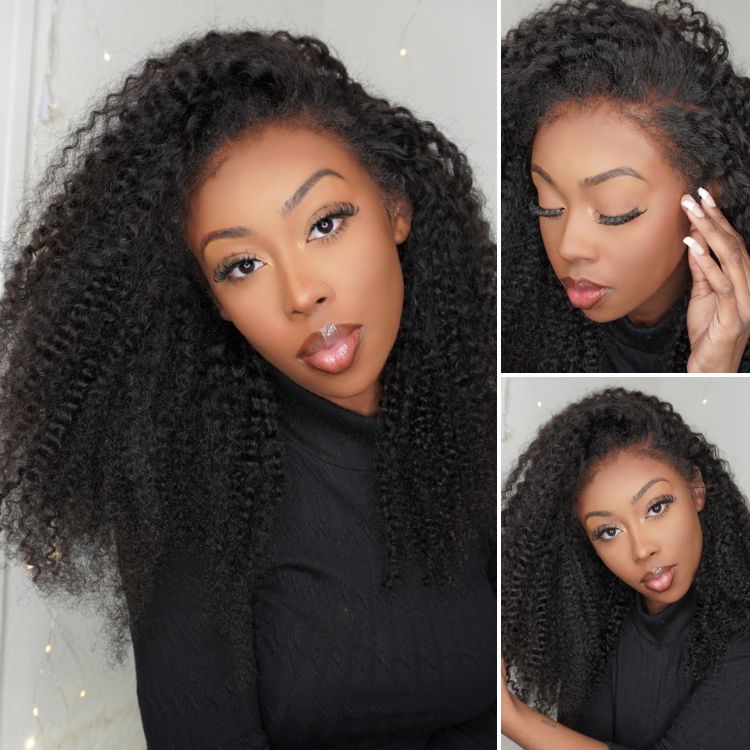 outlet | 4C Edges | Realistic Kinky Edges Afro Curly 13x4 Frontal Lace Long Wig 100% Human Hair