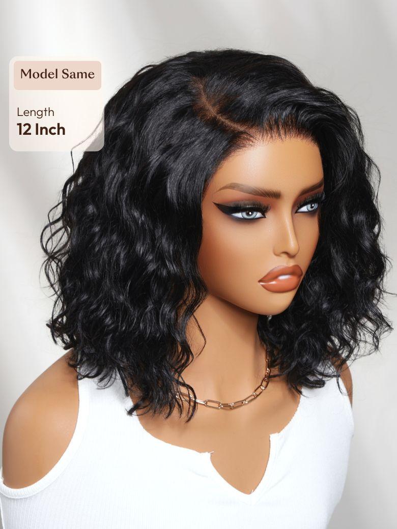 A model displays the UNice Bye Bye Slip 6X4 Glueless Lace "C" Side Part Loose Wavy Bob Drawstring Wig For, showing a model with a wavy black wig and 6X4, glueless wear.