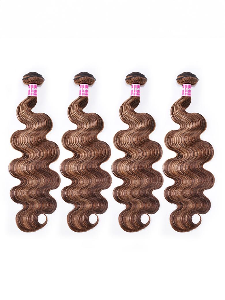 The UNice Gorgeous Highlight Honey Blonde Bouncy Body Wave Hair 4 Bundles product image shows brazilian body wave hair bundles and body wave texture, honey blonde.