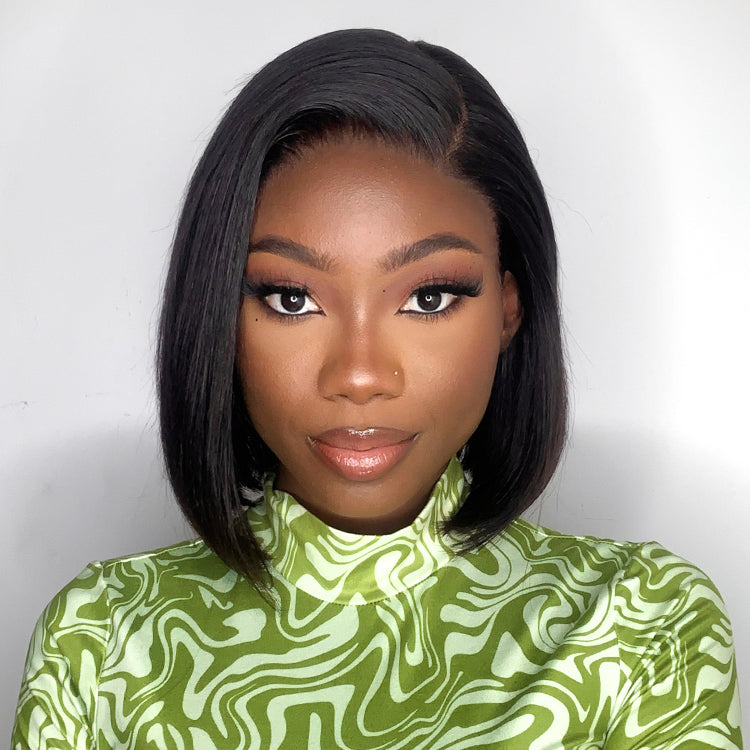 PreMax Wigs | Natural Black / Brown Highlight / Ginger Ombre Super Natural Hairline Silky Blunt Cut Glueless 13x4 Frontal Lace Human Hair Short Bob Wig