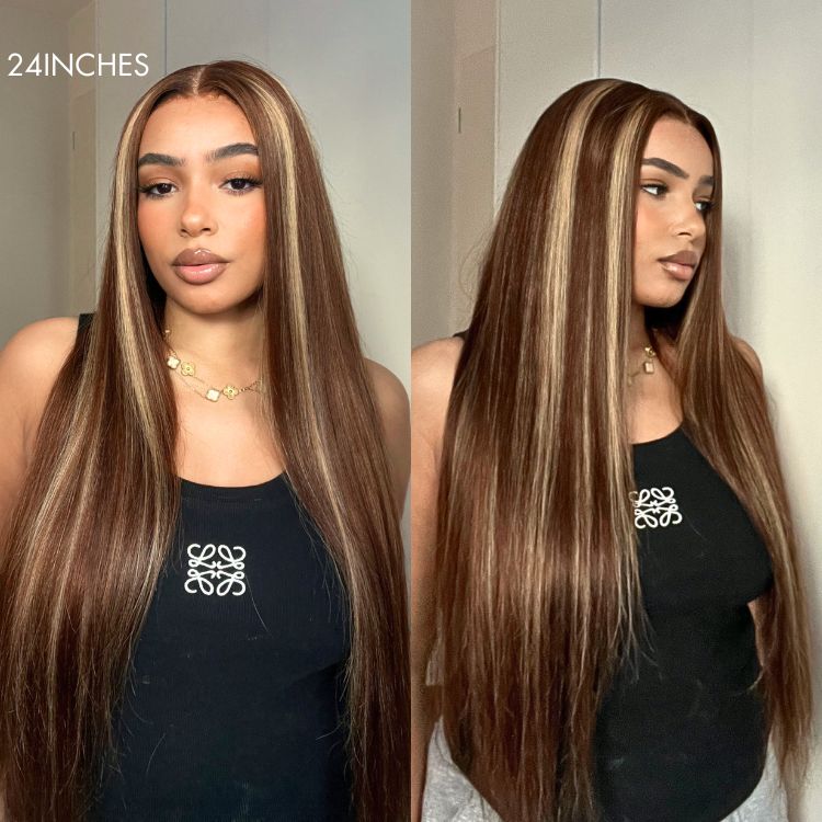 Worth I Honey Blonde Highlight Silky Straight Glueless Undetectable 5x5 Closure Lace Long Wig