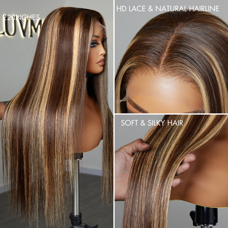 Worth I Honey Blonde Highlight Silky Straight Glueless Undetectable 5x5 Closure Lace Long Wig
