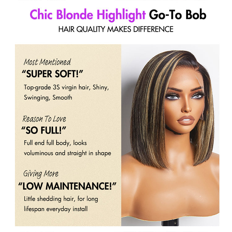 Special Price | PreMax Wigs | Ombre Blonde Highlight Silky Straight Glueless Ear-to-ear Lace Bob Wig 100% Human Hair Pre-Cut Lace