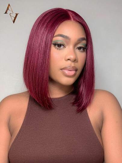 99J Burgundy Straight Bob Lace Wig 100% Human Hair Pre Plucked Hairline