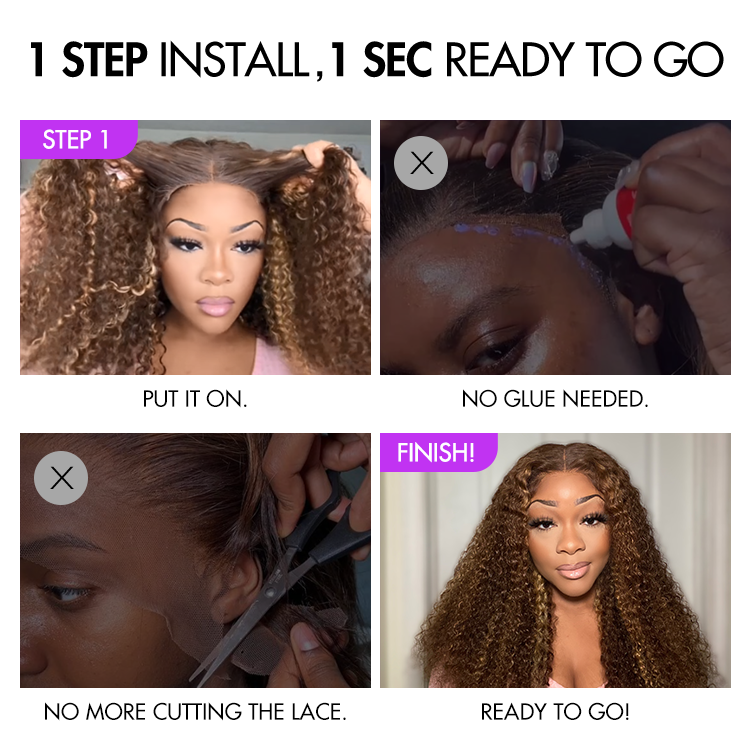 Worth | Honey Blonde Highlight Kinky Curly Glueless 5x5 Closure HD Lace Wig Breathable Cap