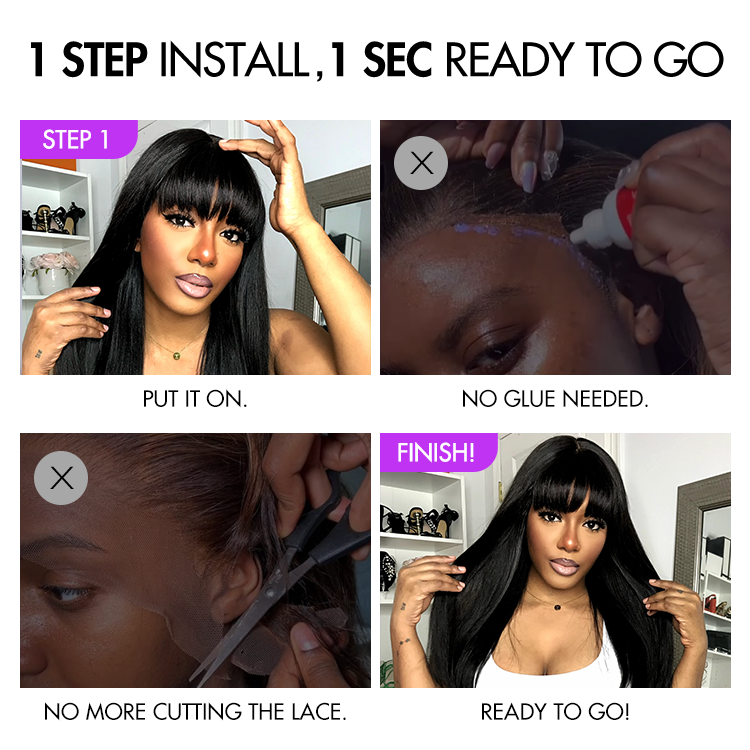 Worth | Breathable Cap Yaki Straight Ultra Natural Minimalist Lace Long Wig with Bangs