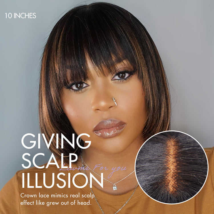 special I Put On and Go Brown Highlight / Natural Black Layered Cut Yaki Straight Minimalist Lace Bob Wig with Bangs