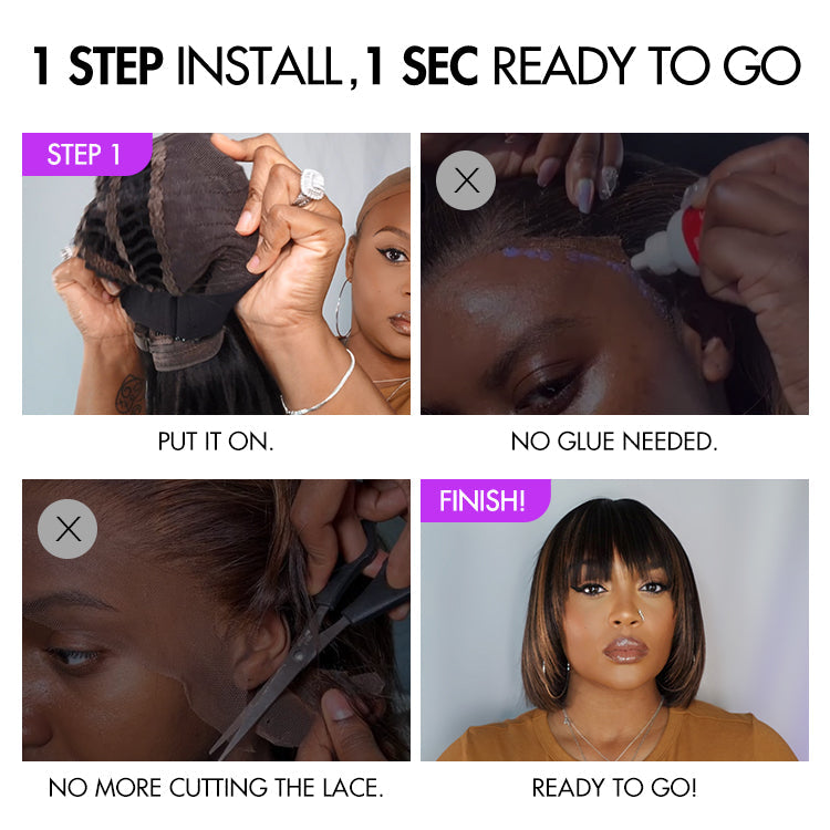 special I Put On and Go Brown Highlight / Natural Black Layered Cut Yaki Straight Minimalist Lace Bob Wig with Bangs
