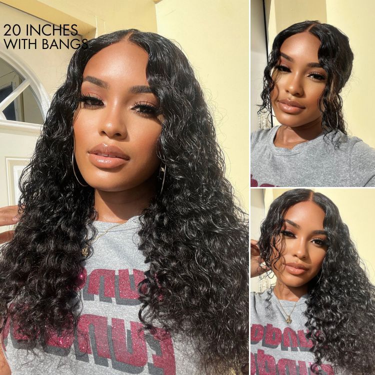 OUTLET | Deep Wave 4x4 Closure Lace Glueless Mid Part Long Curly Wig With Bangs 100% Human Hair