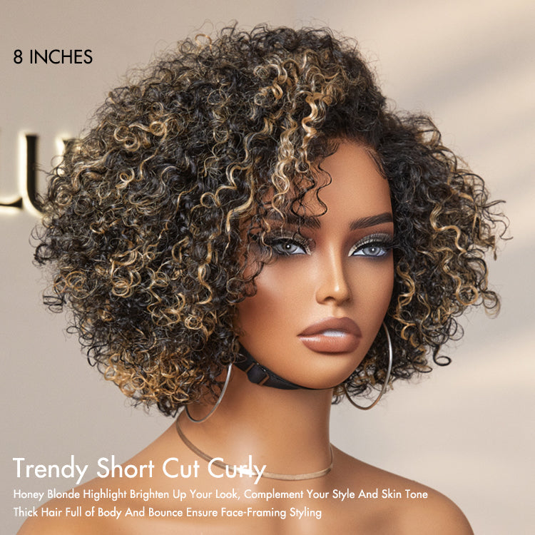 Worth | Super Hot Honey Blonde Highlight Kinky Curly Glueless Minimalist HD Lace Classic Short Wig