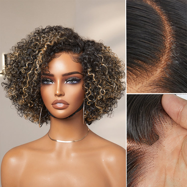 Worth | Super Hot Honey Blonde Highlight Kinky Curly Glueless Minimalist HD Lace Classic Short Wig
