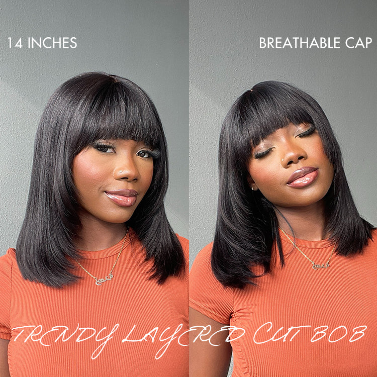 Outlet | Put On and Go Reddish Purple / Ash Blonde Highlight / Brown Highlight / Natural Black Layered Cut Yaki Straight Minimalist Lace Bob Wig