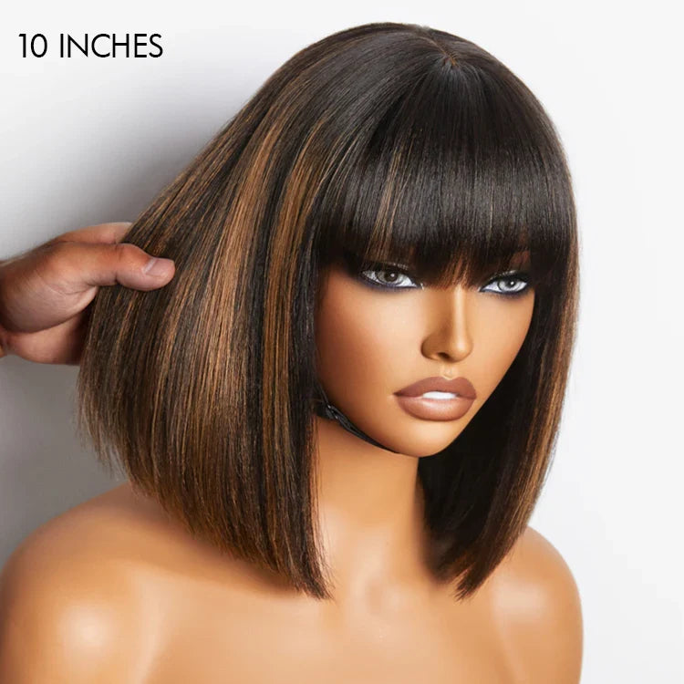 WOrth I Brown Highlight Realistic Glueless Yaki Straight Bob with Bangs Minimalist Lace Bob Wig Put on & Go