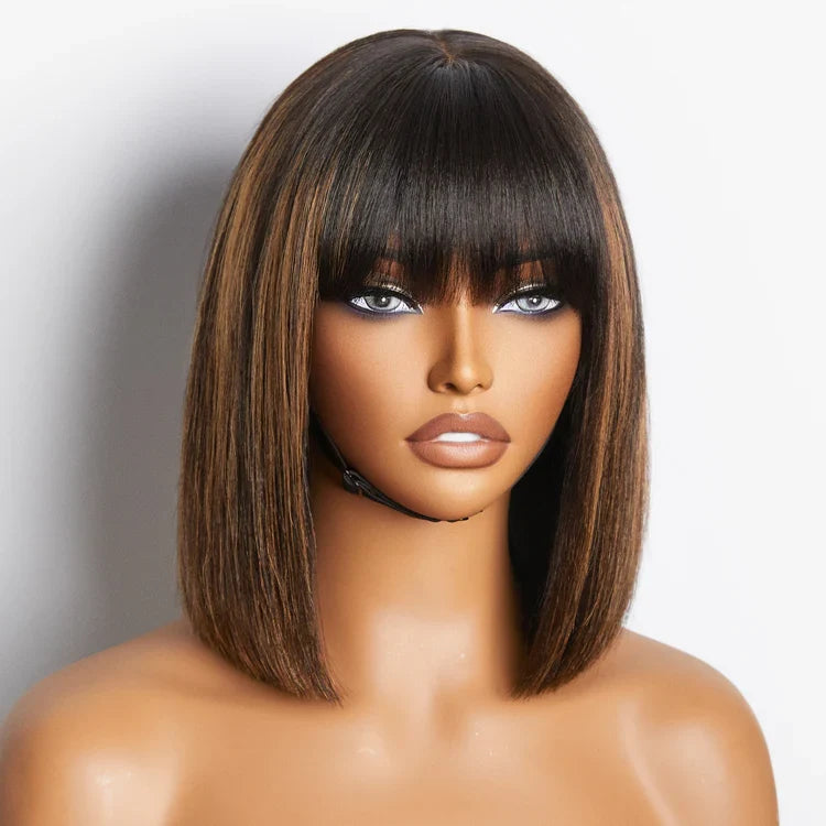 WOrth I Brown Highlight Realistic Glueless Yaki Straight Bob with Bangs Minimalist Lace Bob Wig Put on & Go